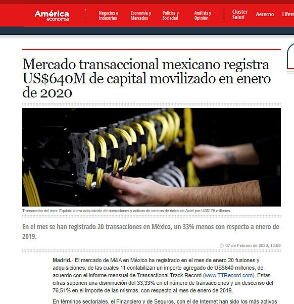 Mercado transaccional mexicano registra US$640M de capital movilizado en enero de 2020
